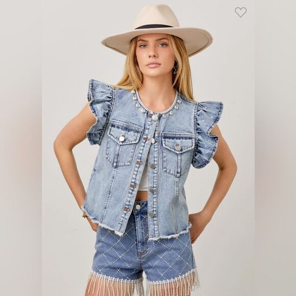 800. RHINESTONE DENIM VEST RUFFLE SLEEVE - Picture 3 of 10